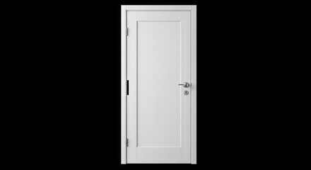 White door with silver handle and keyhole stands against a black backdrop