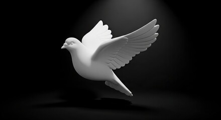 White dove with extended wings against a dark background spotlight shining from above creating a dramatic effect