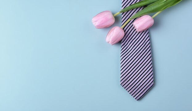 Striped necktie with delicate pink tulips creating a thoughtful gift or greeting card background for Father's Day - Powered by Adobe