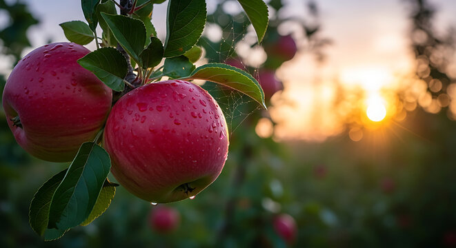 Close up of red apples on a branch with water droplets at sunset in an orchard