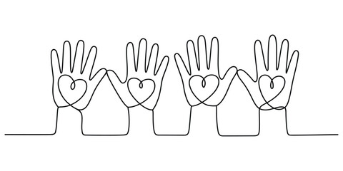 Continuous line art of four hands with hearts for unity and care