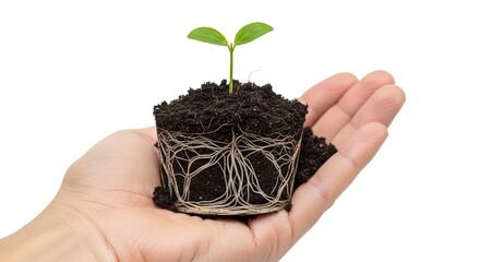 Hand holds soil  seedling visible roots form cube shape