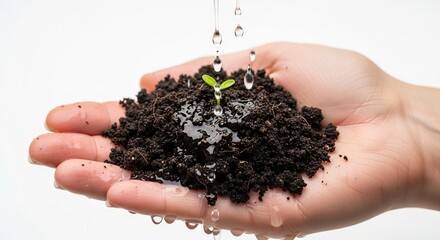 Hand holds soil with a sprout being watered closeup against a white background