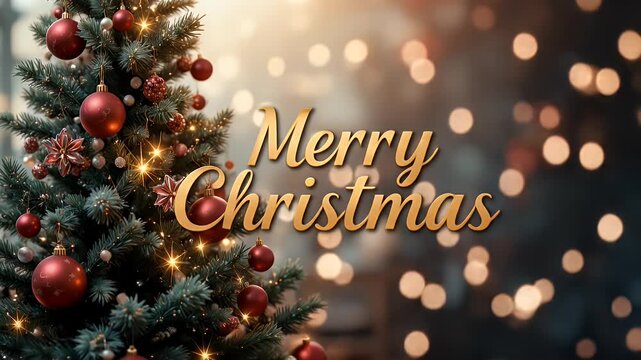 Festive Christmas Tree with Gold Merry Christmas Text and Bokeh Background