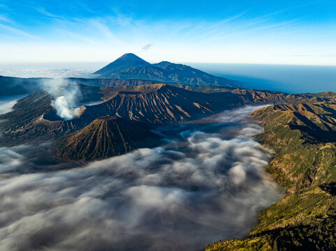Aerial view Mountains at Bromo volcano during sunrise sky,Beautiful Mountains Penanjakan in Bromo Tengger Semeru National Park,East Java,Indonesia.Nature landscape background