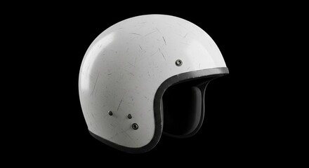 White helmet with scratches black trim and dark interior stands against a black backdrop