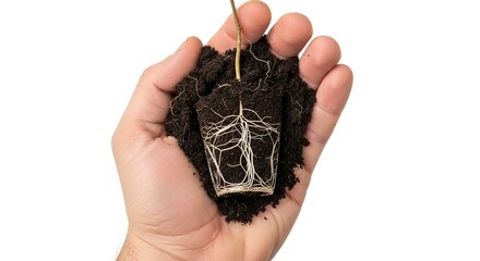 Hand holds soilbound plant roots showcasing root structure  growth