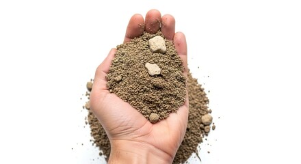 Hand holds tan soilsmall rocks against a white background showing texture and detail