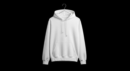 White hooded sweatshirt hanging on a wire hanger against a black background