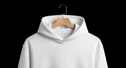 White hooded sweatshirt on wooden hanger black background