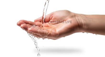 Hand holds water as its poured on it with phrase water is life on the palm