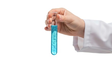 Hand in lab coat holds test tube filled with bubbling blue liquid against a white backdrop