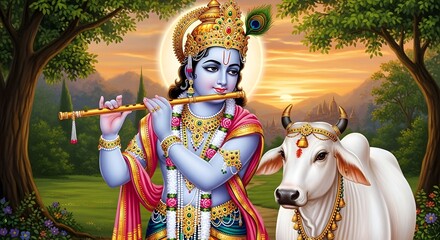 Lord krishna playing flute with cow in a serene forest setting