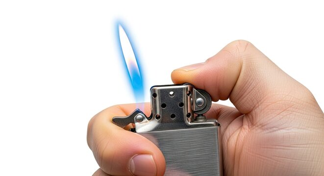 Hand ignites a brushed metal lighter creating a blue flame against a white background