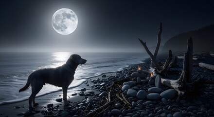 Lone dog gazes at the bright full moon over the ocean at night