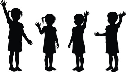 Children silhouette, kids posing, playful gestures, black outline, expressive body language, white background, educational art, vector illustration, school theme, minimal style