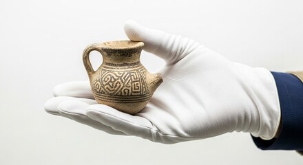 Hand wearing a white glove holds a small ancient ceramic jug with geometric patterns and a handle