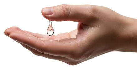 Hand with water drop falling clear liquid closeup skin white background