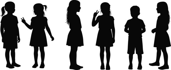 Children silhouette, standing kids, black outline, playful pose, nonverbal gesture, child posture, body language, white background, youth, minimal style