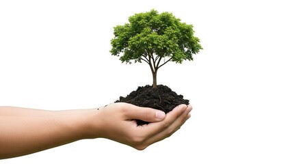 Hands cradle soil with a tree symbolizing growth  environmentisolated on white