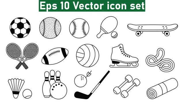Assortment of Hand Drawn Sports and Recreation Icons in Black and White soccer ball baseball outline icons pack. Vector illustration eps10