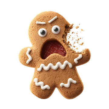A funny gingerbread man with a scared face and a bite taken out of his head on white or transparent background.