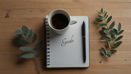 Neutral colored desk setup containing a spiral notebook centered with a "Goals" wreath design and surrounded by warm coffee and vibrant green plants. Productivity and business concept