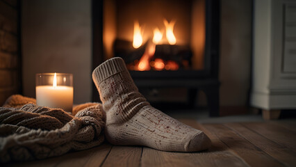 Single warm knitted beige sock and thick chunky blanket resting on polished wooden floor. Home relaxation concept