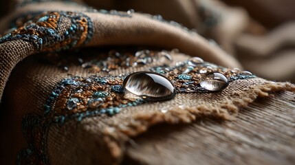 Obraz premium Nahaufnahme eines verzierten Stoffes mit Perlenstickerei und Wassertropfen 