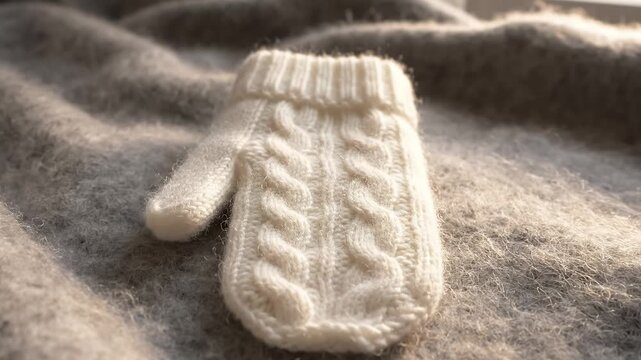 Beautiful white cable knit wool mitten resting on a warm soft and fuzzy fabric perfect for winter handicrafts and cozy comfort