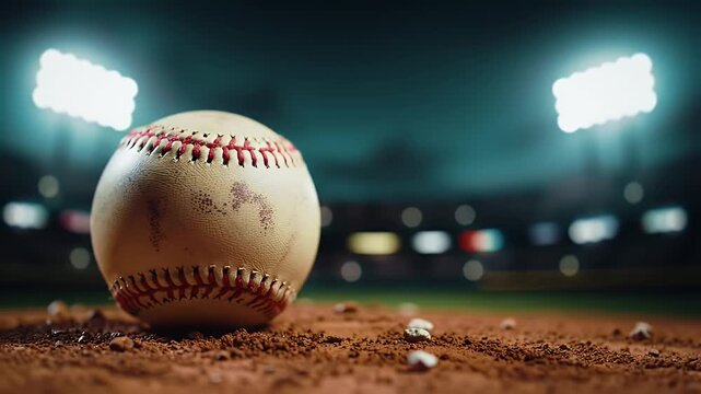 Baseball resting on dirt infield under stadium lights with blurred stadium background night game atmosphere