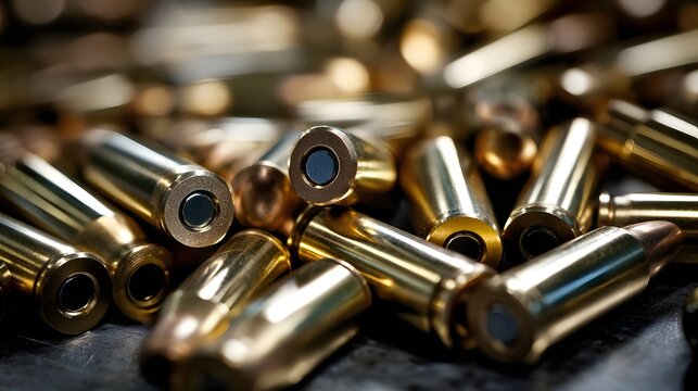 Nahaufnahme von gl&auml;nzenden Patronenh&uuml;lsen auf dunklem Hintergrund
