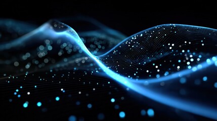 Glowing Blue Data Wave with Particles on Dark Background