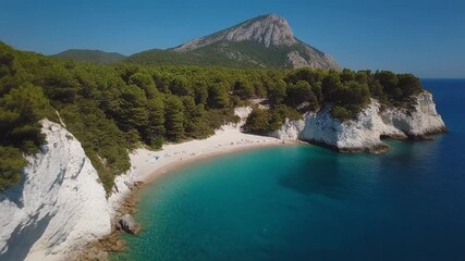 Breathtaking aerial view of a secluded white cliff cove beach with turquoise water, backed by a lush pine forest and a dramatic, soaring mountain peak.