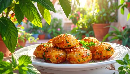 Golden-brown savory rolls, stacked on a plate, surrounded by lush greenery in a sun-drenched outdoor setting