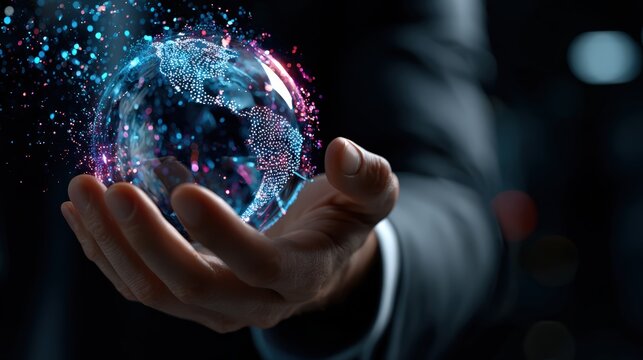 Businessman Holding Digital Earth Hologram - Powered by Adobe