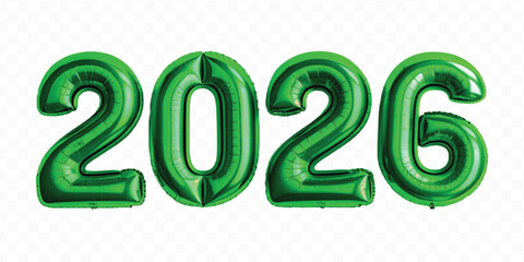 realistic 3d 2026 typography made by with different color foil balloons isolated on transparent background