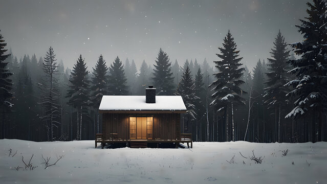 Wide cinematic view of a rustic wooden log cabin covered in snow in a deep pine forest at night, with warm, glowing light emanating from the windows. Winter concept
