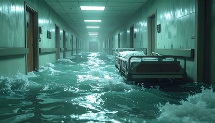 Hallway filled with water, hospital bed floating, surreal and ominous, with tile walls and closed doors
