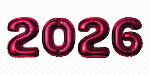 realistic 3d 2026 typography made by with different color foil balloons isolated on transparent background