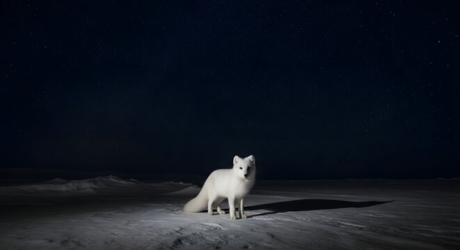 Arctic fox standing in snow under a dark night sky