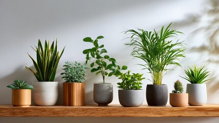 Fototapeta premium Potted Houseplants on Wooden Shelf Against White Wall
