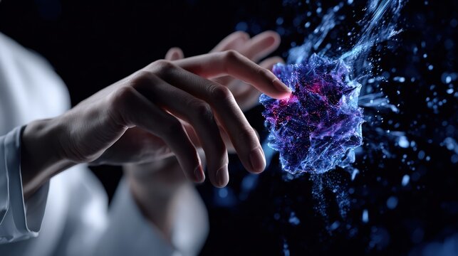 Hand Touching Futuristic Energy Structure in Virtual Space - Powered by Adobe