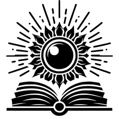 Open Book with Rising Sun black vector icon with transparent background 