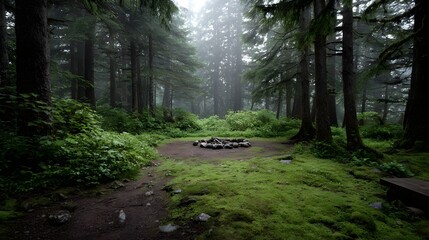 A serene forest clearing features a rustic campfire pit surrounded by lush moss and tall evergreen trees on a misty day