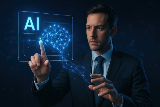 Businessman Interacting with Virtual AI Brain Interface