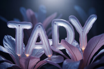 Discover stunning translucent TADY letters entwined with vibrant plants, creating an ethereal botanical display perfect for modern designs and unique visual statements
