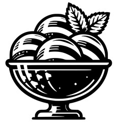 Three scoops of chocolate ice cream in bowl black vector icon with transparent background 