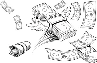 Flying Money Bills with Wings and a Rolled Stack of Cash dollar bills