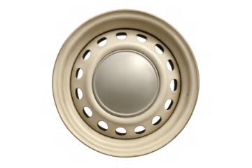 Vintage beige steel car wheel with silver hubcap, classic automobile part illustrating vehicle restoration and transportation
